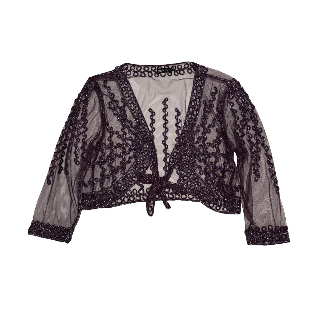 Vtg Womens Whimsical Metallic Sheer Mesh Purple Shrug Cardigan 1XL Whimsigoth